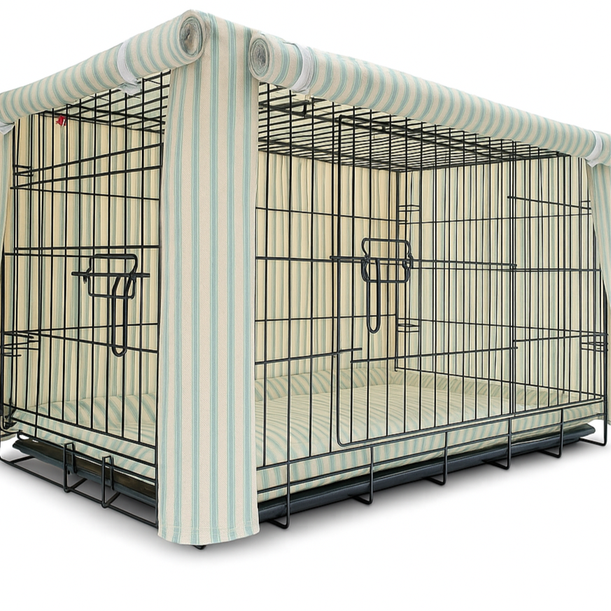Green Heritage Stripe Dog Crate Cover – Luxury Fabric Crate Cover for Small Dogs & Puppies