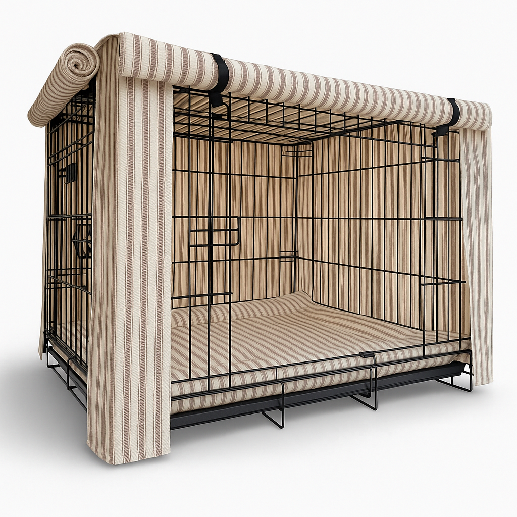 Taupe Heritage Stripe Dog Crate Cover – Luxury Fabric Crate Cover for Small Dogs & Puppies