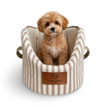 Load image into Gallery viewer, Maltipoo dog sitting in a striped dog bag with 'Posh Poos' branding on a white background