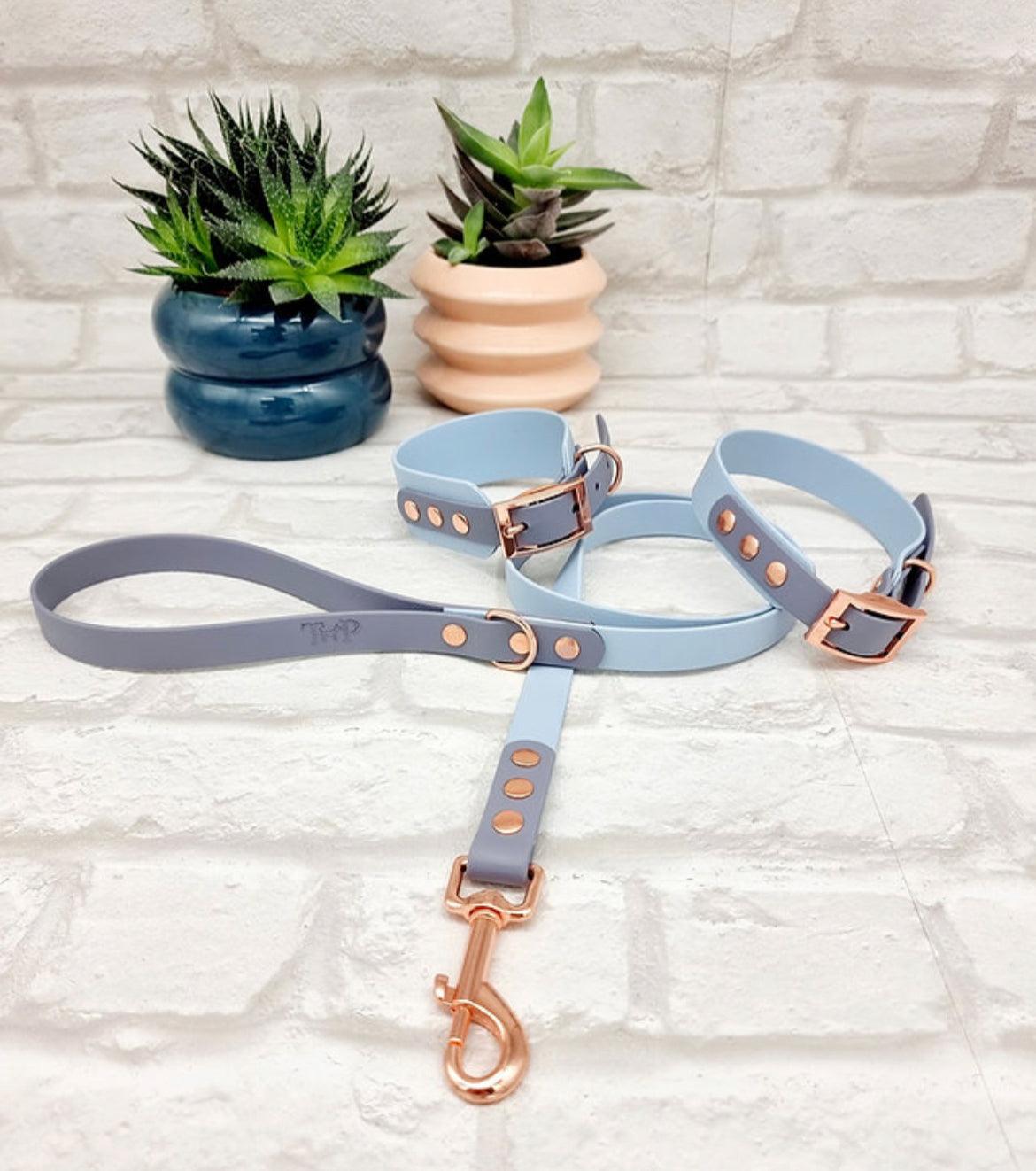 Waterproof BioThane® Dog Collar & Dog Lead Set - Pastel Blue and Grey SMALL - Posh Poos
