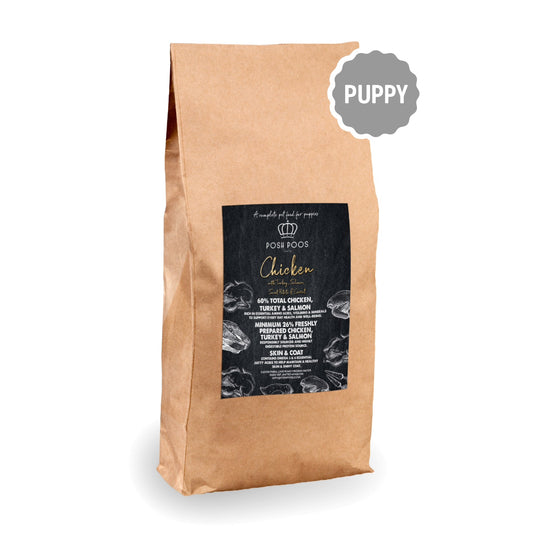 posh poos puppy food in brown paper bag, chicken flavour