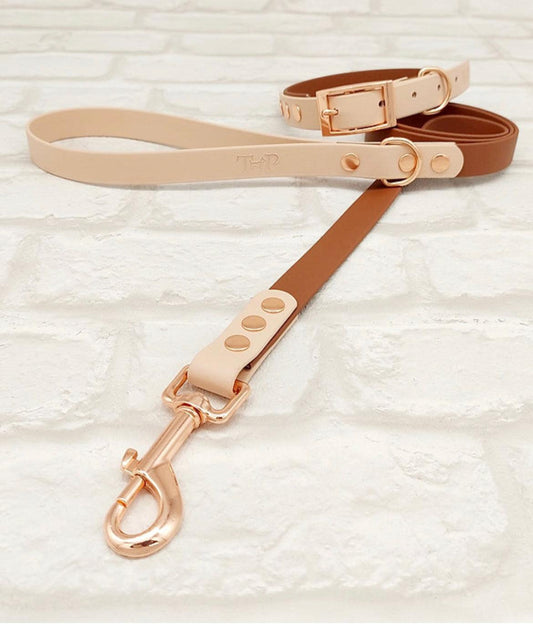 Waterproof BioThane® Dog Collar & Dog Lead Set - Brown and Powder Pearl SMALL, - Posh Poos