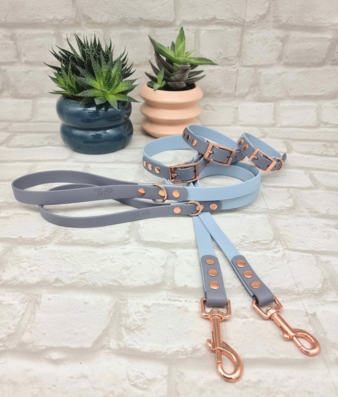 Waterproof BioThane® Dog Collar & Dog Lead Set - Pastel Blue and Grey SMALL - Posh Poos