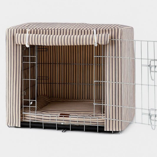 Grey Heritage Stripe Dog Crate Cover – Luxury Fabric Crate Cover for Small Dogs & Puppies