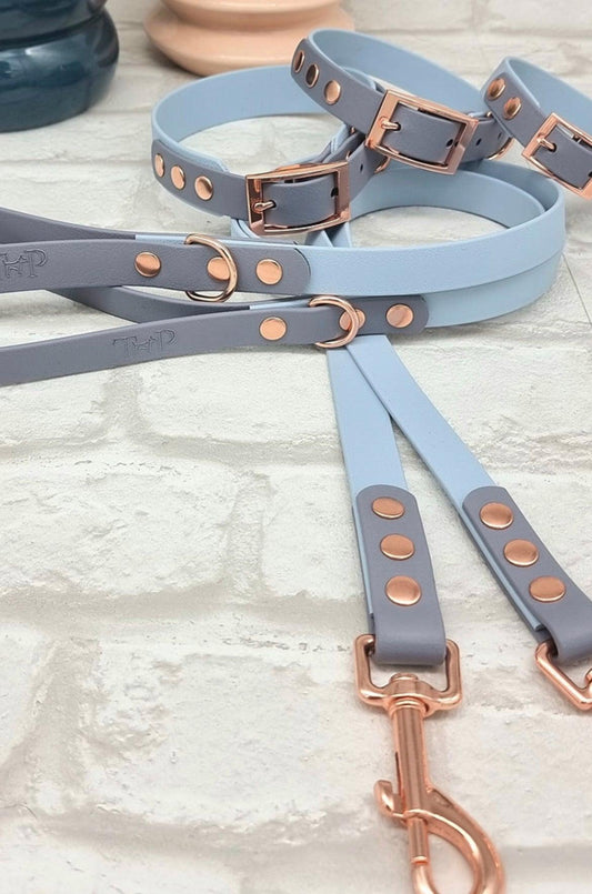 Waterproof BioThane® Dog Collar & Dog Lead Set - Pastel Blue and Grey SMALL - Posh Poos
