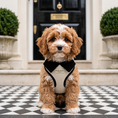 Load image into Gallery viewer, cavapoo puppy wearing ivory linen harness with black collar, sitting on a black and white tiled London doorstep
