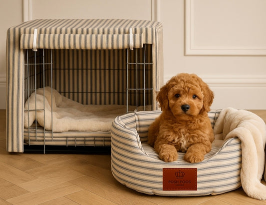 posh poos crate cover and bed in grey heritage stripe, with beautiful apricot Cavapoo puppy