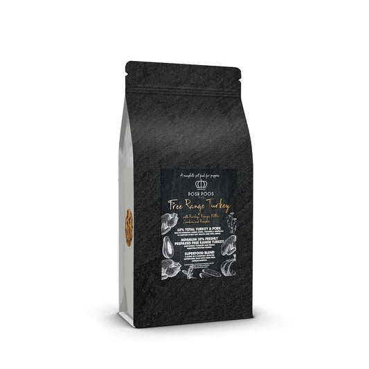 posh poos superfood 65 , free range turkey for small breed dogs, in a black bag