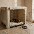 Load image into Gallery viewer, a dapple miniature dachshund sleeping inside of a luxury posh poos herringbone tweed dog crate set