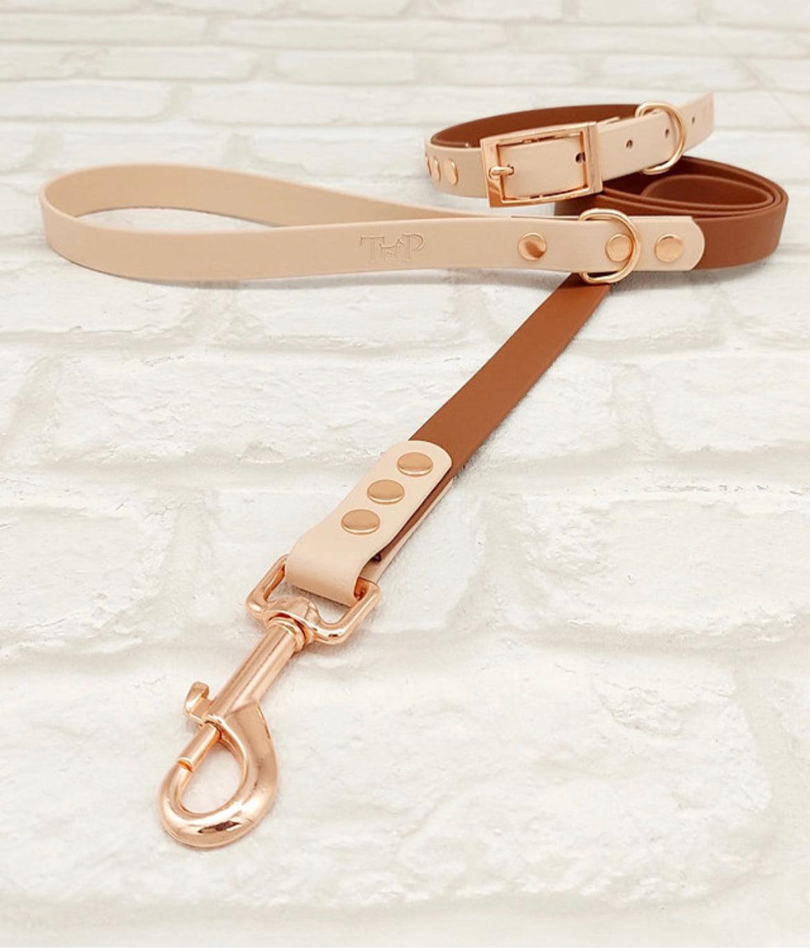 Waterproof BioThane® Dog Collar & Dog Lead Set - Brown and Powder Pearl  EXTRA SMALL - Posh Poos