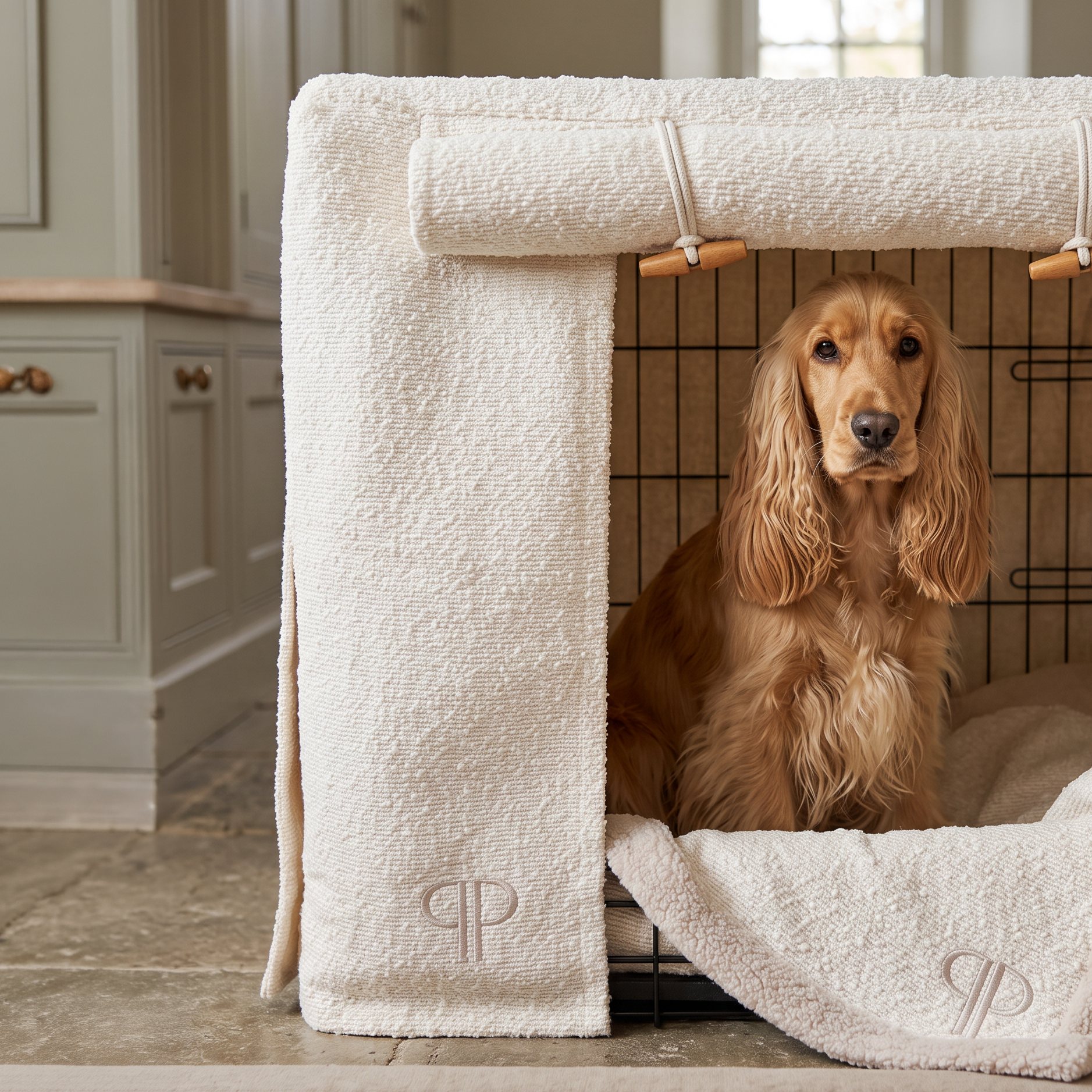 Luxury Boucle Dog Crate Cover - Cream