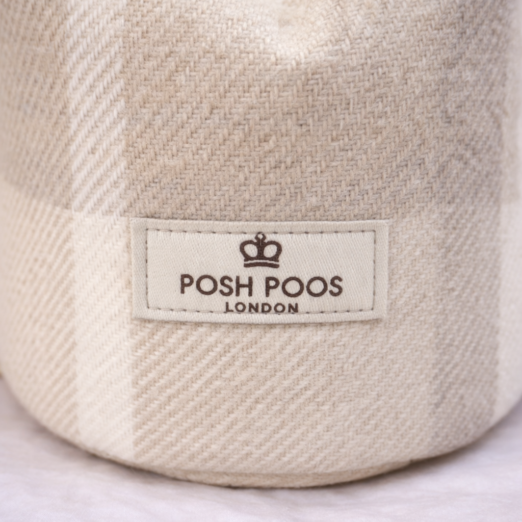 cream tartan fabric with woven posh poos label 