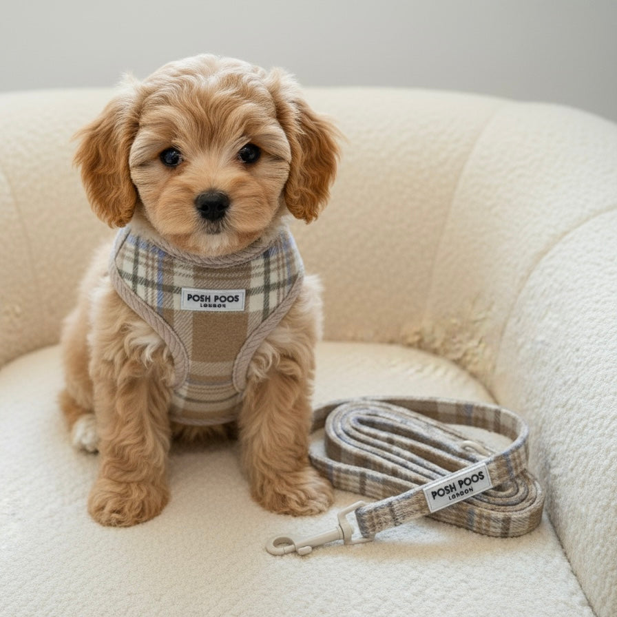 Posh Poos Puppy Harness Set – Taupe Plaid (XXS/XS)