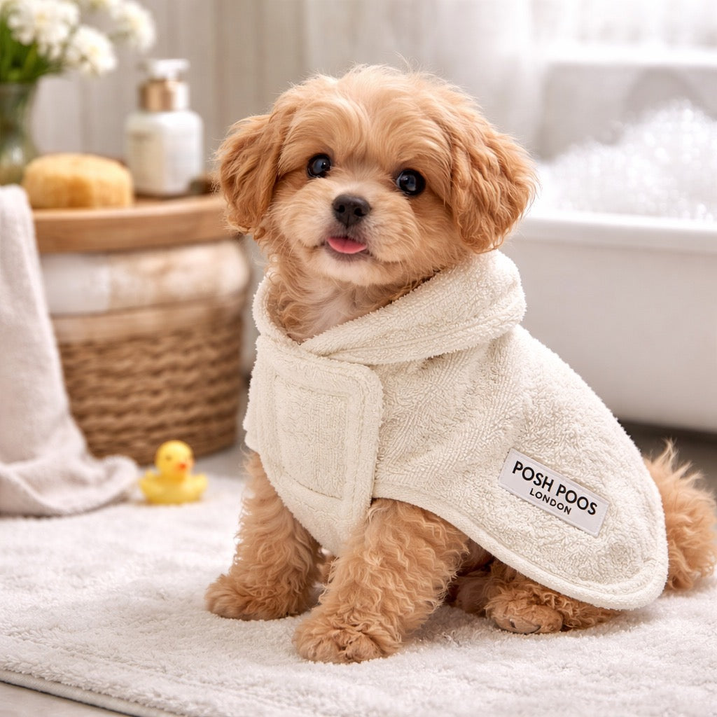 Puppy Drying Coat Towelling Bath Robe For Dogs Posh Poos UK Puppy Drying Coat Towelling Bath Robe For Dogs Posh Poos UK