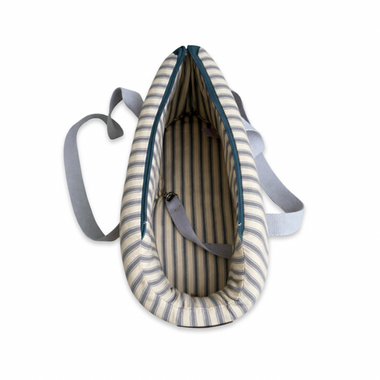 Striped posh poos dog bag with gray straps on a white background