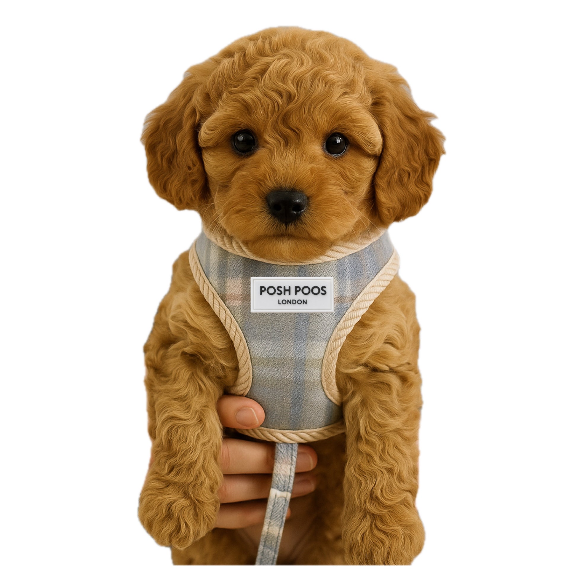 Apricot Cavapoo Puppy wearing a plaid harness with 'POSH POOS' label on a white background