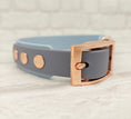 Load image into Gallery viewer, Waterproof BioThane® Dog Collar & Dog Lead Set - Pastel Blue and Grey SMALL - Posh Poos
