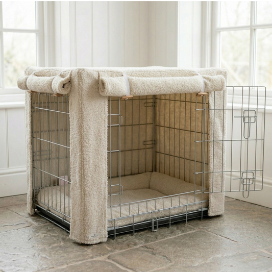 posh poos boucle fabric dog crate set.