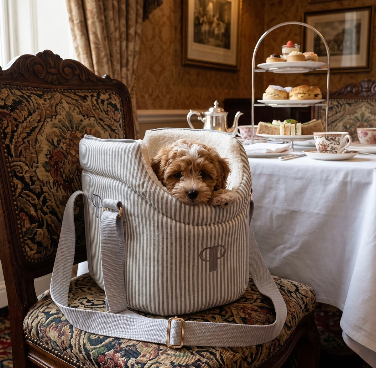 Posh Poos Heritage Stripe Dog Carrier Bag - Grey