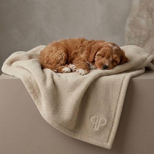 cavapoo puppy sleeping on a posh poos teddy fleece blanket 