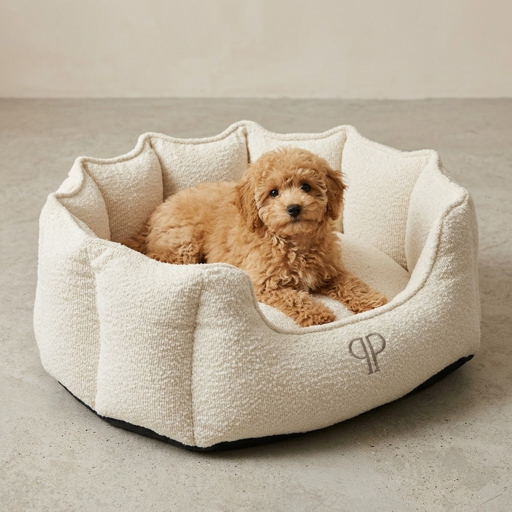 Luxury Bouclé Scalloped Dog Bed – Cream