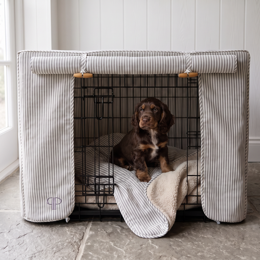 grey striped dog crate set with chocolate cocker spaniel puppy inside in home setting with natural stone floor