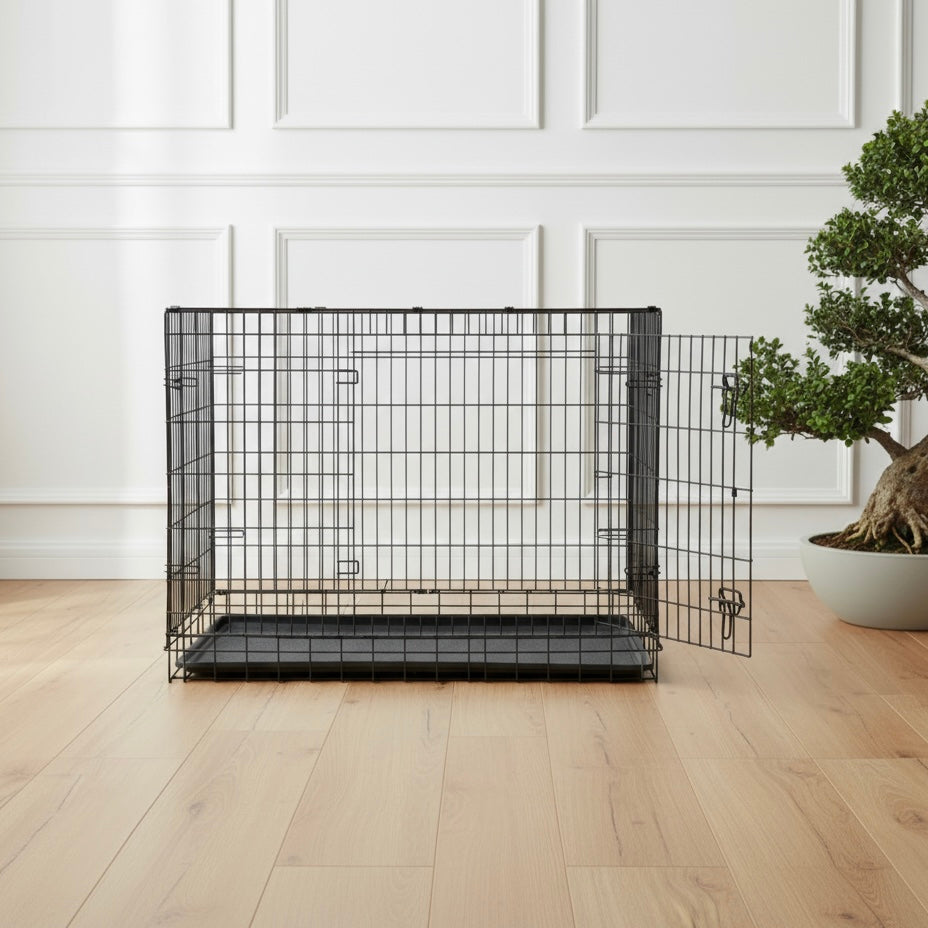 Black wire dog crate in a elegant room with with white panelling walls and oak floor 
