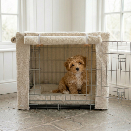dog crate cover in boucle cream colour fabric with adorable maltipoo puppy inside 