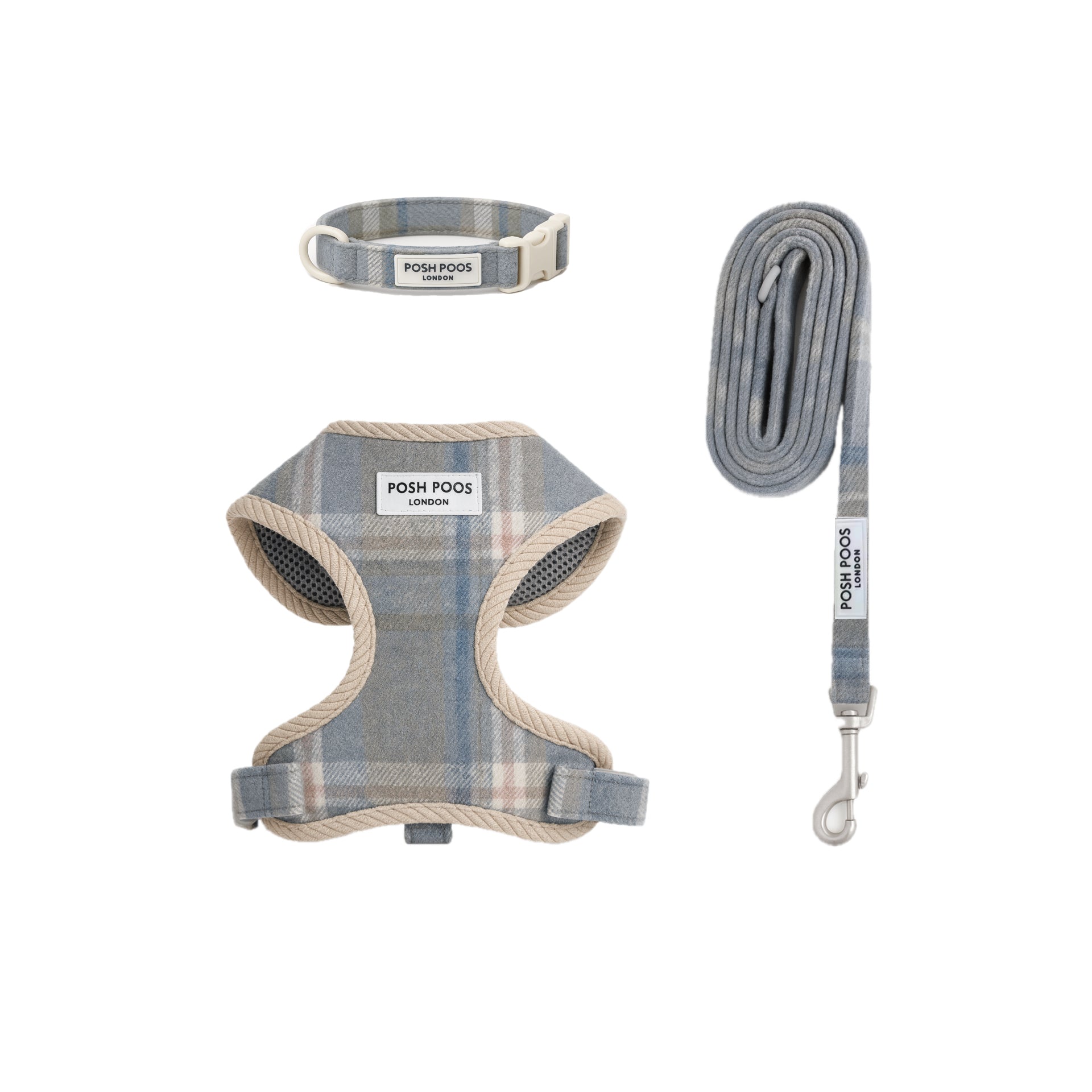 Front view of the Posh Poos step-in plaid puppy harness with beige trim and breathable mesh lining.