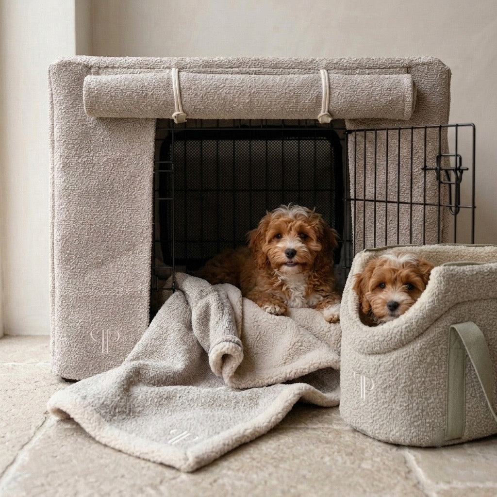 2 cavapoo puppies posing with a posh poos boucle crate set and dog bag on a natural stone floor 