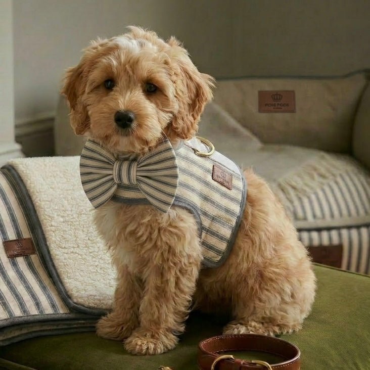 Dog wearing a striped bow tie and harness on a sofa