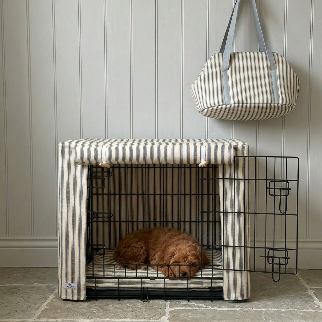 Complete Puppy Crate Set- Grey Heritage Stripe