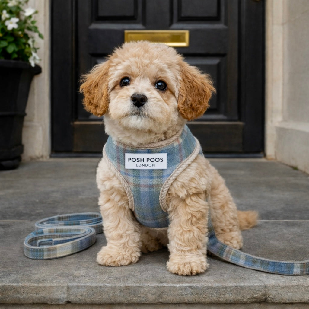 Posh Poos Puppy Harness Set – Grey/Blue Plaid (XXS/XS)