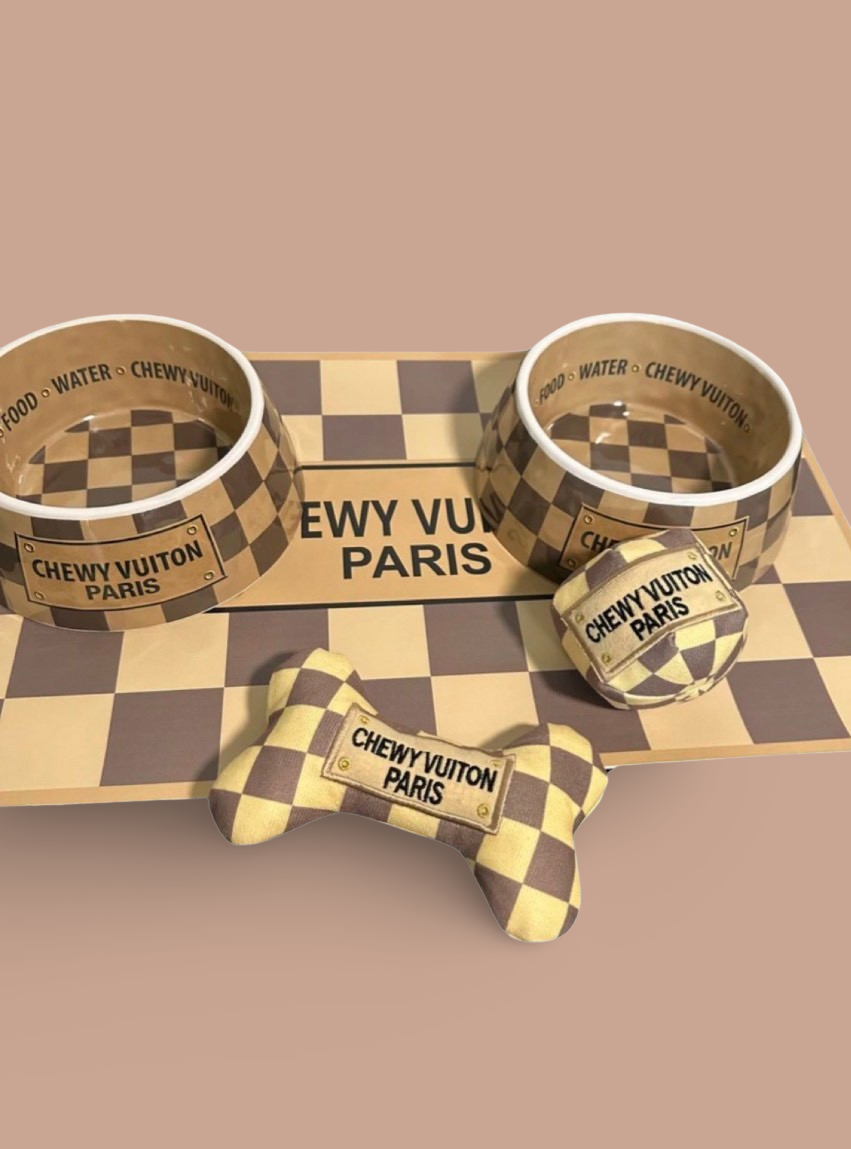 Chewy Vuitton Bowl, Mat and Toy Set, Free Delivery