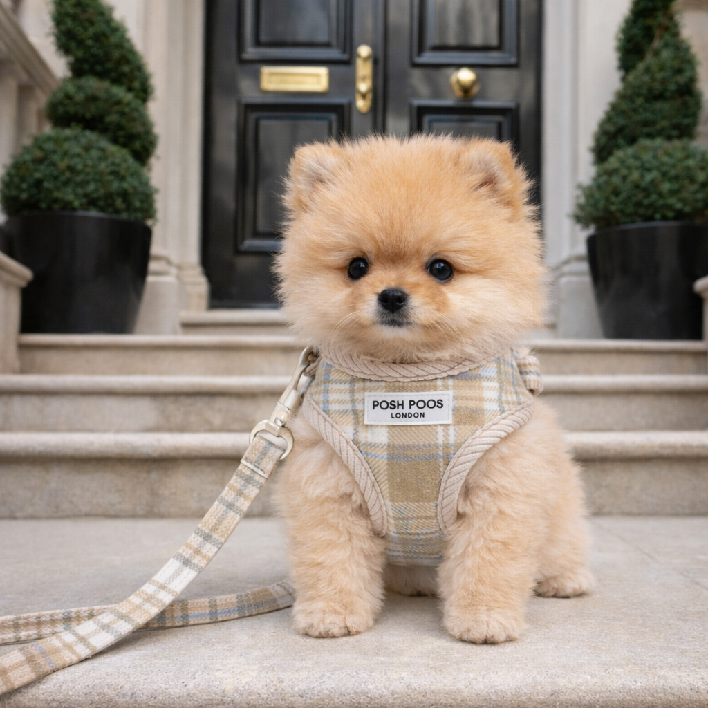 Posh Poos Puppy Harness Set – Taupe Plaid (XXS/XS)