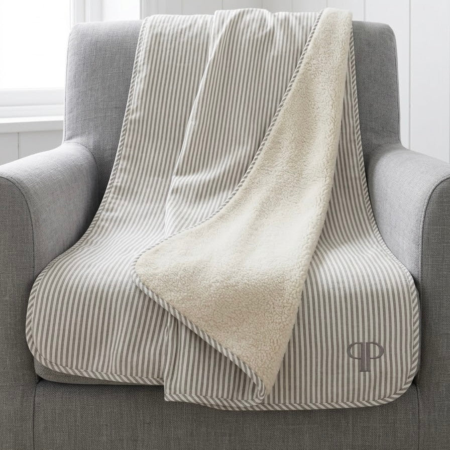 Heritage Stripe Sherpa Backed Blanket - Grey