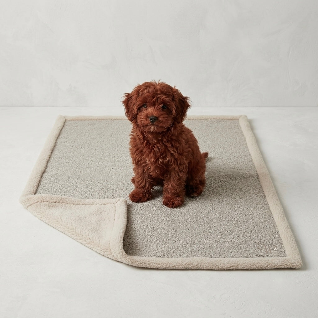 deep red cavapoo puppy sitting on a boucle blanket in a studio setting 