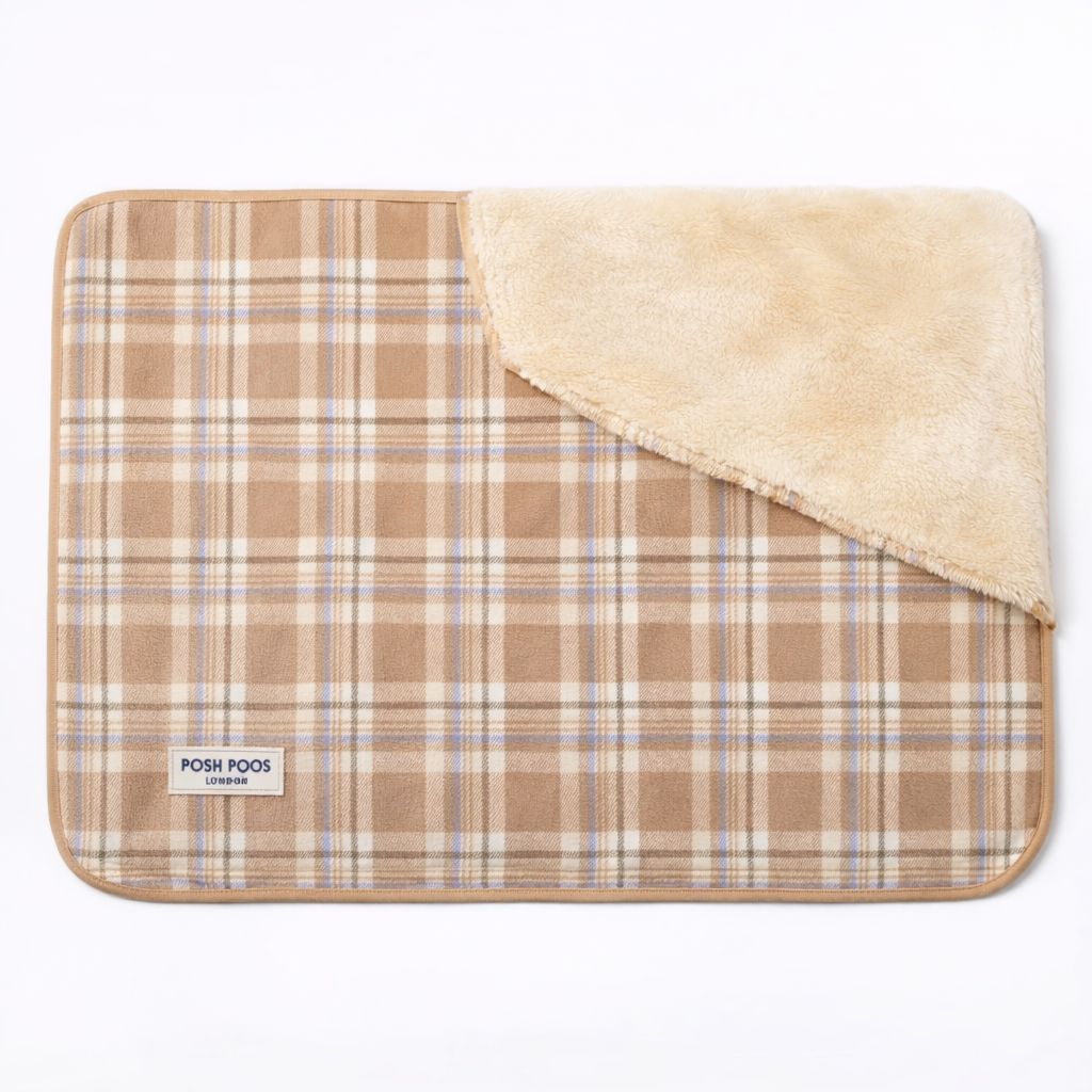 posh poos Plaid pet blanket with beige border on a white background