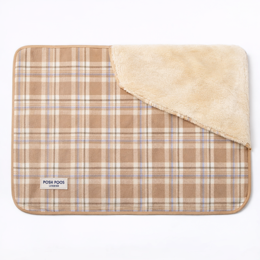 posh poos Plaid pet blanket with beige border on a white background