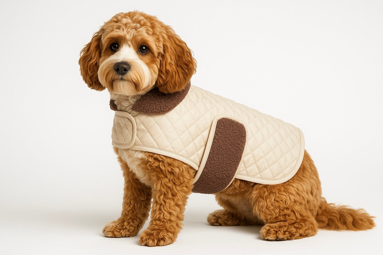 beautiful Red Cavapoochon adult dog, wearing a Posh Poos cream quilted dog coat with a brown sherpa trim.