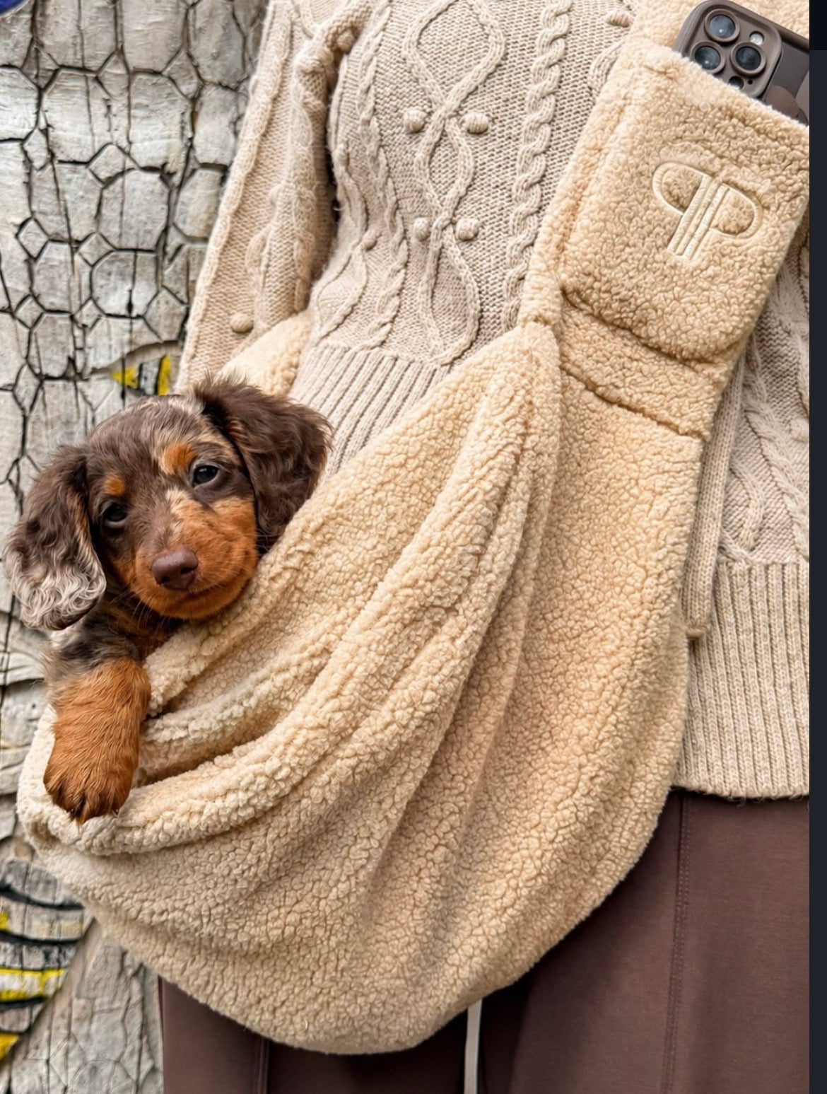 Teddy Fleece Dog Sling Carrier – Oatmeal | Posh Poos London