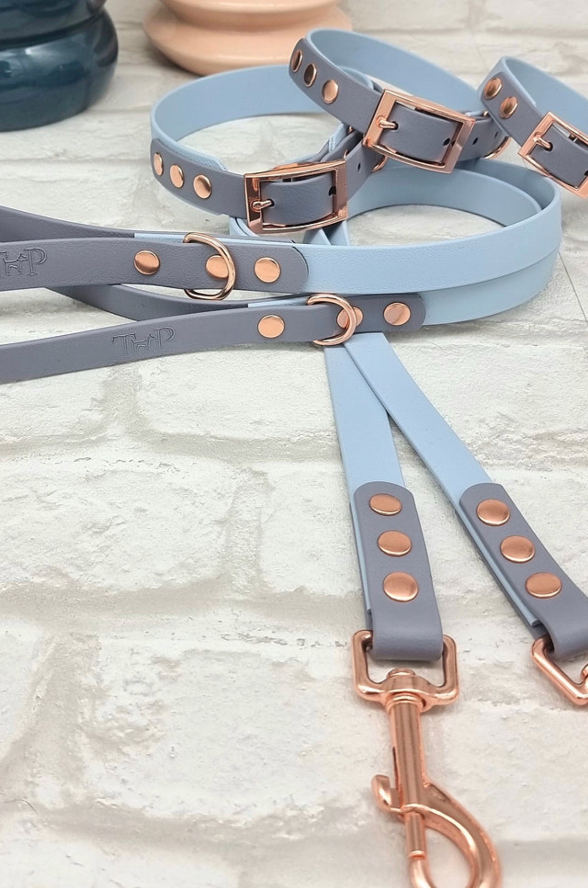 Waterproof BioThane® Dog Collar & Dog Lead Set - Pastel Blue and Grey EXTRA SMALL, Free Delivery
