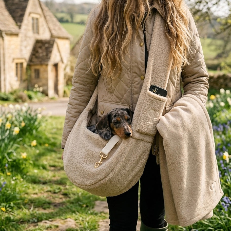 Teddy Fleece Dog Sling Carrier – Oatmeal | Posh Poos London