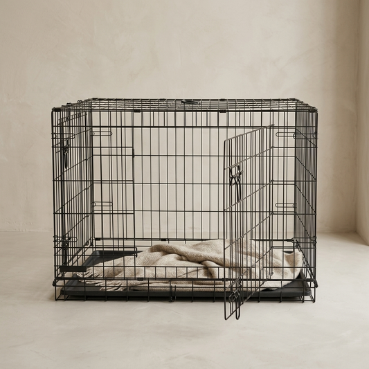 black wire puppy crate on a soft beige studio background 