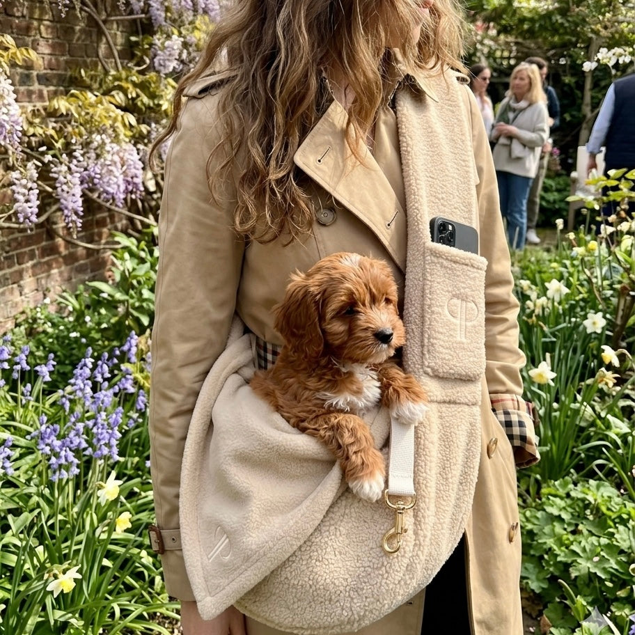 Teddy Fleece Dog Sling Carrier – Oatmeal | Posh Poos London
