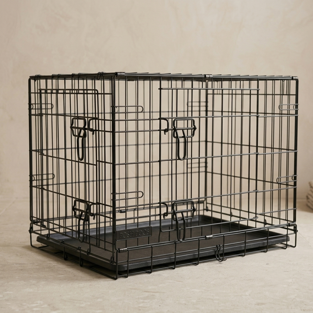 black wire dog crate with POSH POOS metal brand plate on a soft studio background
