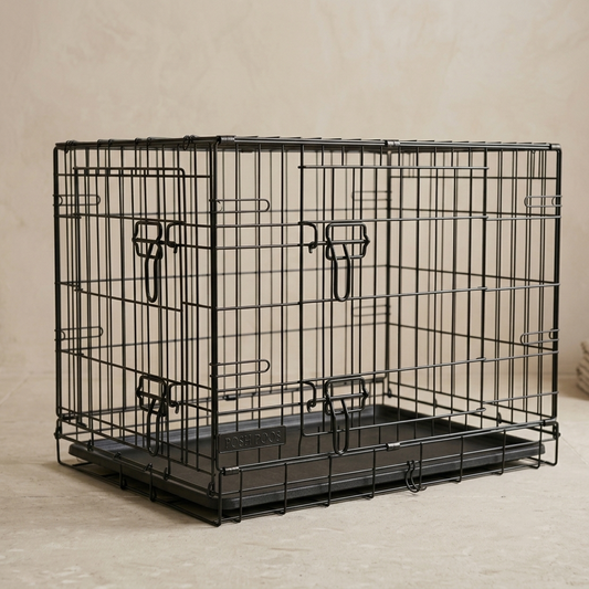 black wire dog crate with POSH POOS metal brand plate on a soft studio background
