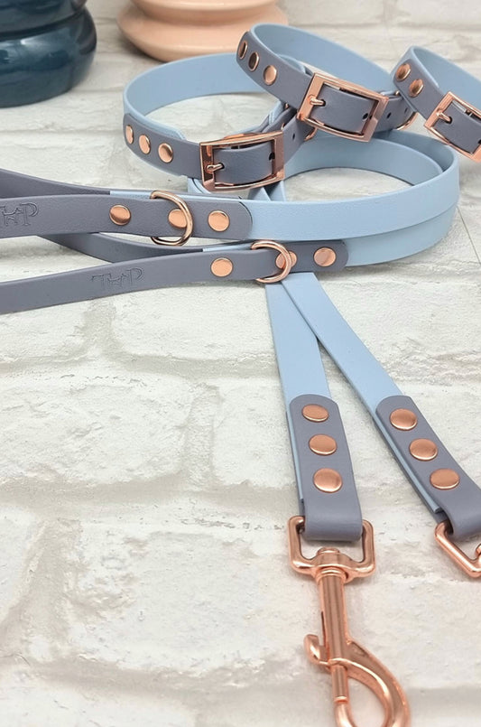 Waterproof BioThane® Dog Collar & Dog Lead Set - Pastel Blue and Grey SMALL, Free Delivery