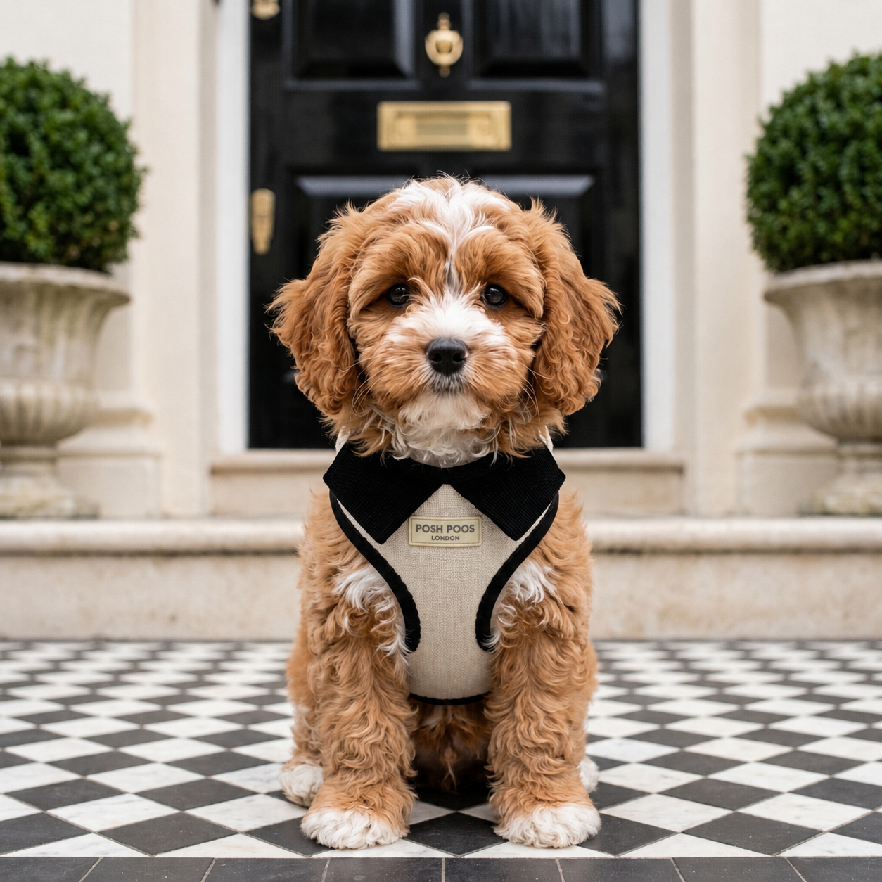cavapoo puppy wearing ivory linen harness with black collar, sitting on a black and white tiled London doorstep 

