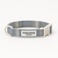Load image into Gallery viewer, Posh poos adjustable puppy collar in blue plaid fabric with cream buckle
